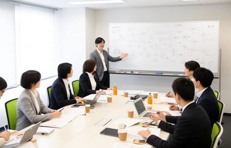 チームでメール研修を受けているオフィスシーン
