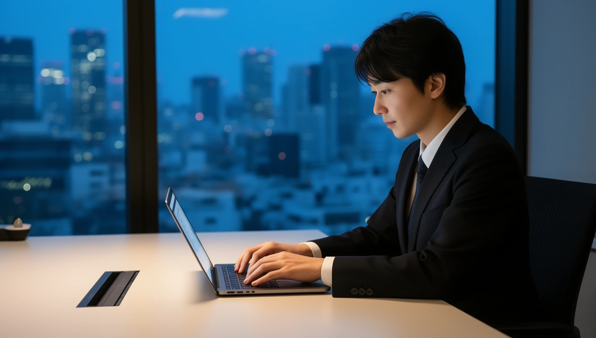 ビジネスデスクでメールを作成する様子